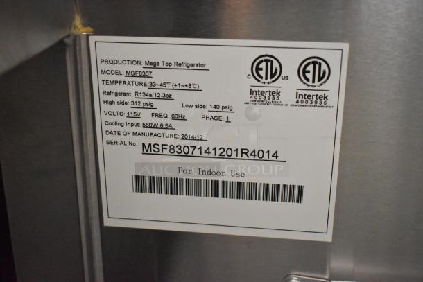 Polar MSF8307 stainless steel bain marie with label showing specifications: 115 volts, phase 1, manufactured 2014-12.