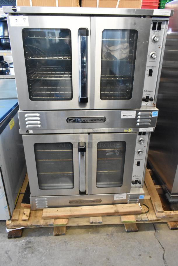 Stainless steel Southbend PCE75S/SD convection ovens with view-through doors, metal racks, thermostatic controls.