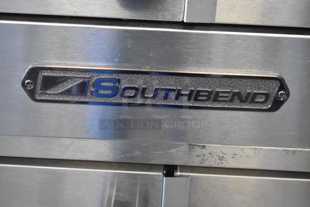 Southbend logo on stainless steel surface of PCE75S/SD commercial convection oven; durable, high-grade material.
