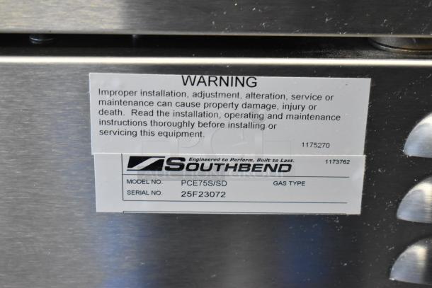 Southbend PCE75S/SD convection oven label showing model and serial number, safety warning.