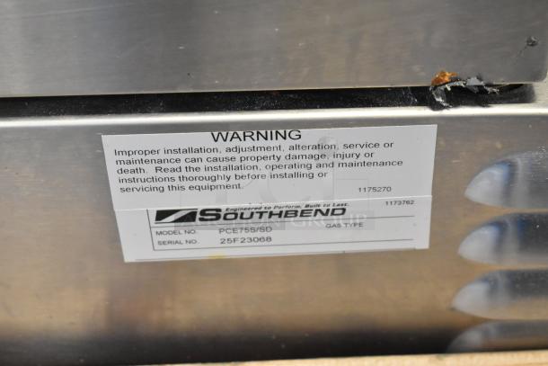 Southbend PCE75S/SD convection oven label with model, serial number 25F23068, and installation warning details.