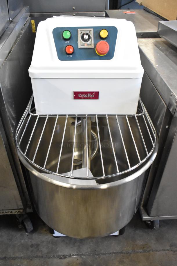 Estella HS60S 348SM60 commercial 60 qt spiral dough mixer with stainless steel bowl, bowl guard, dough hook, and control panel.