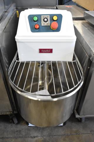 Estella HS60S 348SM60 commercial 60 qt spiral dough mixer with stainless steel bowl, bowl guard, dough hook, and control panel.