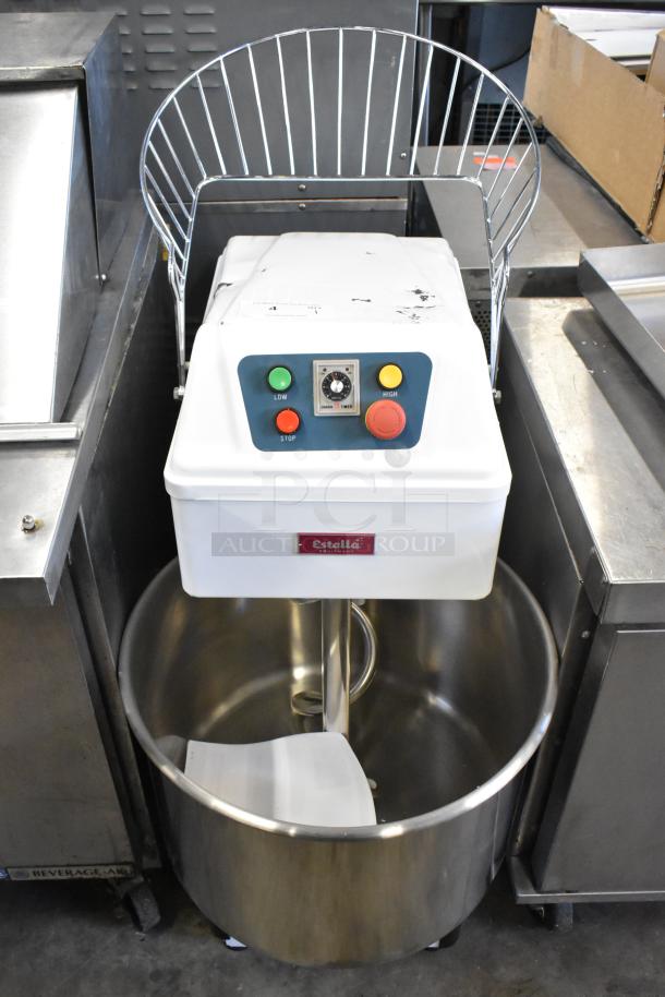 Estella HS60S 348SM60 metal 60-quart spiral dough mixer with stainless steel bowl, bowl guard, and dough hook, 240 volts.