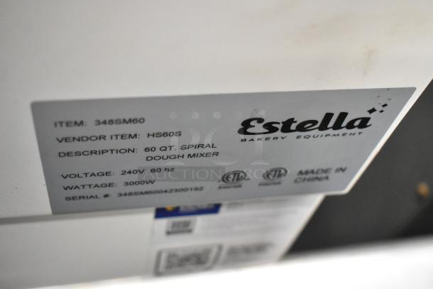 Estella HS60S 60 qt spiral dough mixer label showing model HS60S, 240V, 3000W, and made in China.