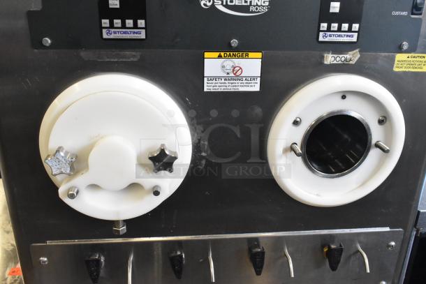 2021 Stoelting M202-209B00SIR stainless steel air-cooled custard freezer, dual spouts, safety warning label, excellent condition.