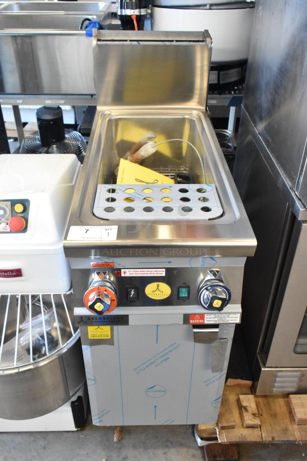 Brand new Arcobaleno APCG35H stainless steel 11-gallon natural gas pasta cooker, 80,000 BTU, with labels and dials.