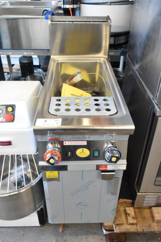 Brand new Arcobaleno APCG35H stainless steel 11-gallon natural gas pasta cooker, 80,000 BTU, with labels and dials.