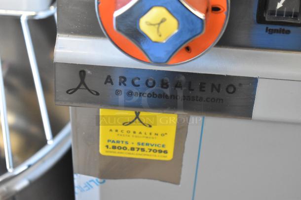 BRAND NEW 2025 Arcobaleno APCG35H Stainless Steel 11 Gallon Natural Gas Pasta Cooker. 80,000 BTU, tags visible.