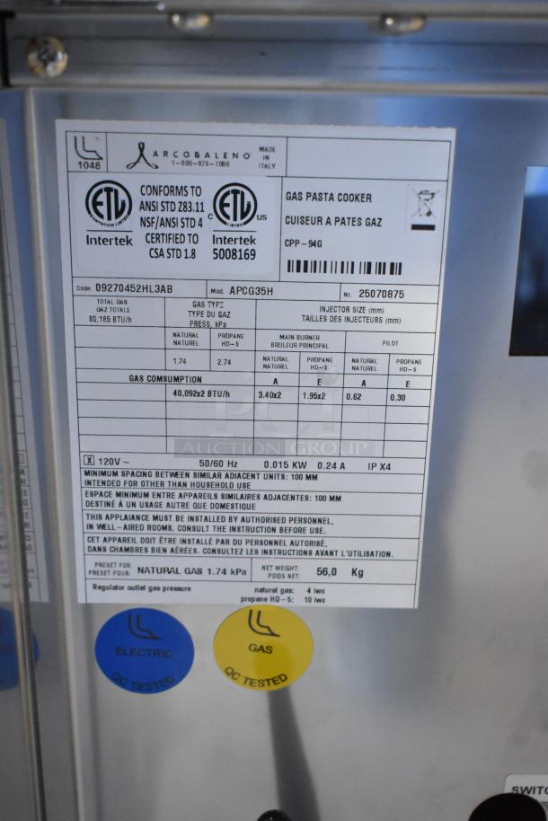 Arcobaleno APCG35H 11-Gallon Stainless Steel Pasta Cooker, natural gas, 80,000 BTU, new, scratch and dent condition, detailed label.