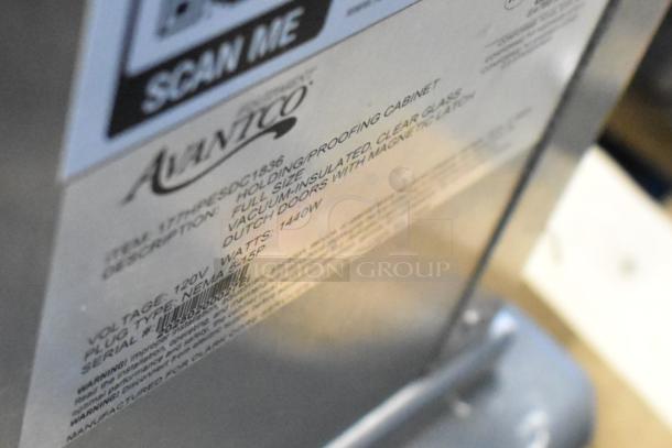 Avantco 177HPESDC1836 heated cabinet with clear Dutch door, vacuum-insulated, 120V, new scratch and dent, on casters.