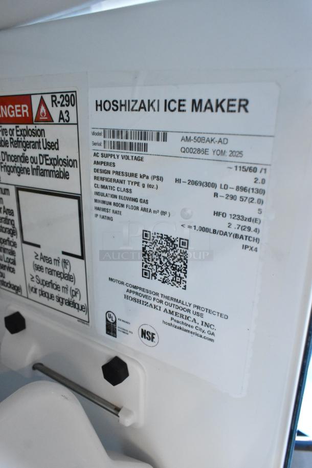 BRAND NEW 2025 Hoshizaki AM-50BAK-AD stainless steel ice machine label, features ADA compliance, 54 lb. capacity.