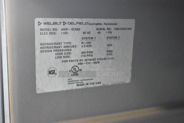 2019 Delfield 406P-STAR2 stainless steel undercounter cooler label showing model, serial number, electrical specs, and certifications.