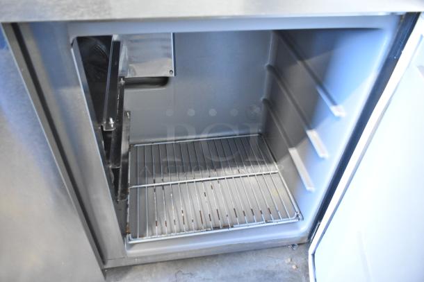 2018 Delfield UC4048P-STAR stainless steel 2-door undercounter cooler, commercial casters, interior view, 115V, 1 phase.