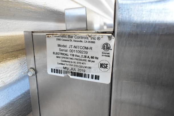2019 stainless steel Nitro dispenser, model JT-NITCOM-R, 115V, 1 phase, by Automatic Bar Controls. Visible label details specs.