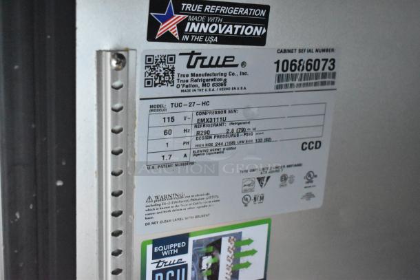 2023 True TUC-27-HC Stainless Steel Undercounter Cooler, single door, visible model label, 115V, 1 Phase.