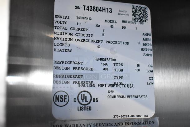 Traulsen RHT132WUT-FHS cooler label showing serial T43804H13, 115 volts, 1-phase, NSF and UL listed.