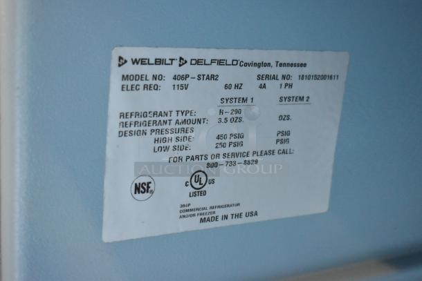 Label of 2018 Delfield 406P-STAR2 cooler, showing model, serial number, electrical requirements, and refrigerant details.