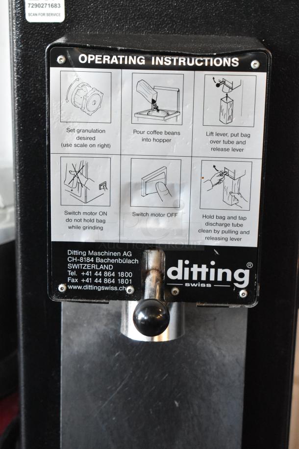 2017 Ditting KR1203 metal commercial coffee grinder with visible operating instructions. 120 Volts, 1 Phase.