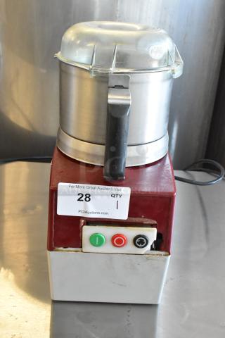 Robot Coupe R2U metal food processor, S blade, 120V, 1 phase, countertop model, visible wear, auction tag shows item 28.