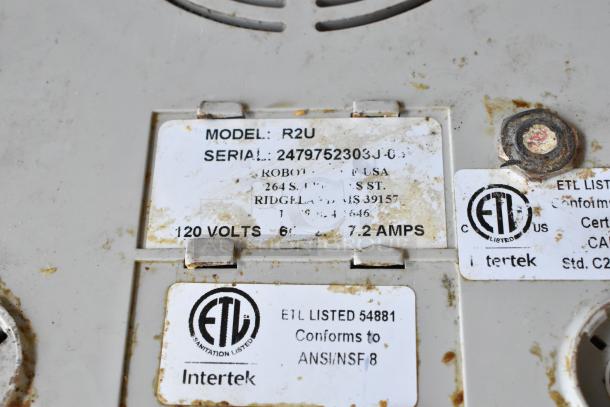 Robot Coupe R2U food processor label detail, showing model, serial number, 120V, 1 phase, ETL certification, and ANSI/NSF compliance.