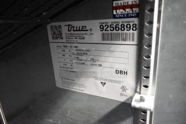 2017 True TBB-4-HC commercial back bar cooler label showing model, 115 volts, 1 phase, and made in USA details.