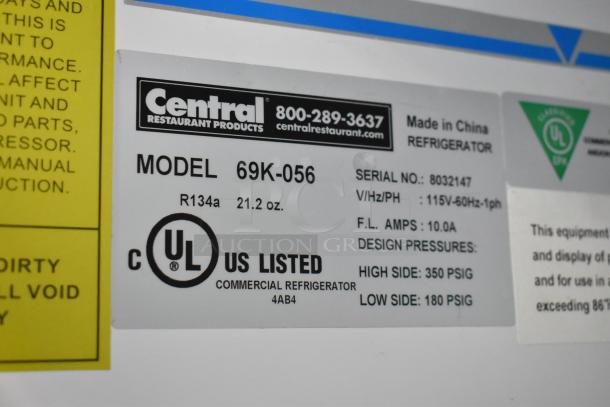 Central 69K-056 3-door reach-in cooler label, UL listed, 115V, made in China, model 69K-056, serial 8032147.