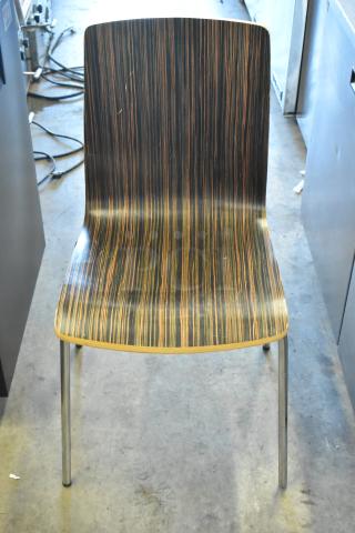 Wood pattern dining chair with metal legs, showing mild wear. Simple, modern design. Auction for set of 5 chairs.