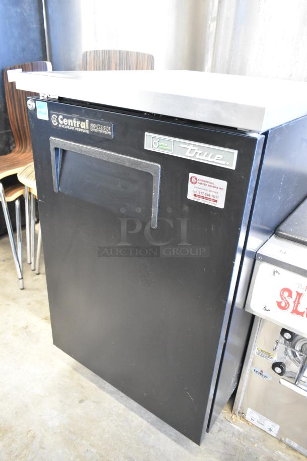 2018 True TBB-1-HC metal single door back bar cooler on casters, 115V, sleek design, good condition, visible True logo.