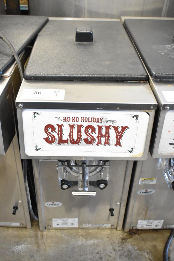 2018 Crathco 3311 stainless steel frozen beverage machine, single flavor, countertop model, 115V, with holiday sign.