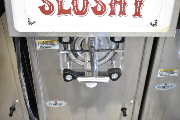 2018 Crathco 3311 stainless steel countertop frozen beverage machine, single flavor, 115V, caution labels visible.