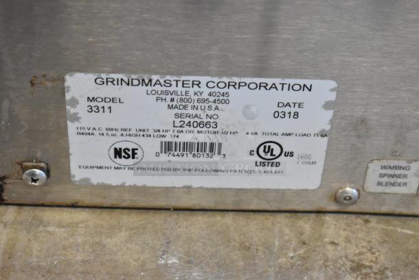 2018 Crathco 3311 stainless steel frozen beverage machine label, showing model, serial number, and electrical details.