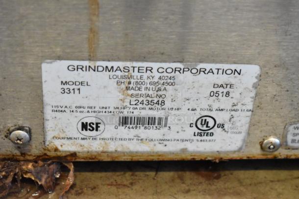 2018 Crathco 3311 stainless steel frozen beverage machine tag, model 3311, 115V, 1 phase, NSF, UL listed, serial L243548.