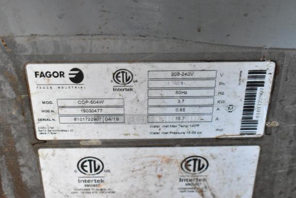 2019 Fagor COP-504W stainless steel commercial undercounter dishwasher label, showing model, serial number, and voltage details.