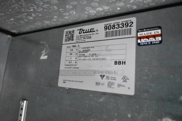 2017 True TBB-4-HC 3 Door Back Bar Cooler, 115V, Model TBB-4. Metal finish, label shows "Made in USA," serial 9083392.
