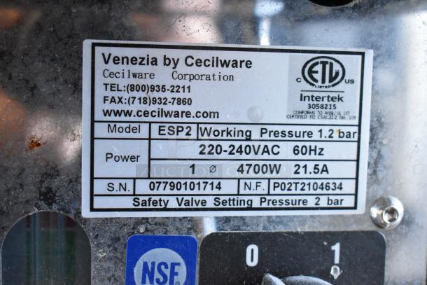 Cecilware ESP2 Venezia espresso machine label displays model, voltage, power specifications, and safety valve settings.