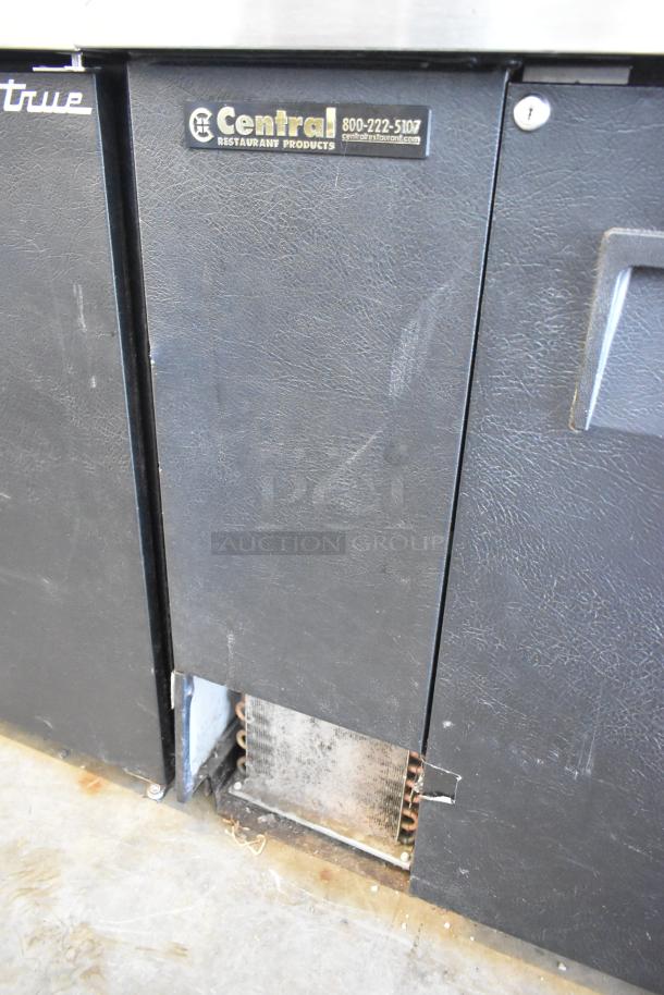 2017 True TBB-4 commercial 3-door back bar cooler, black metal, 115 volts, 1 phase, visible Central Restaurant Products label.