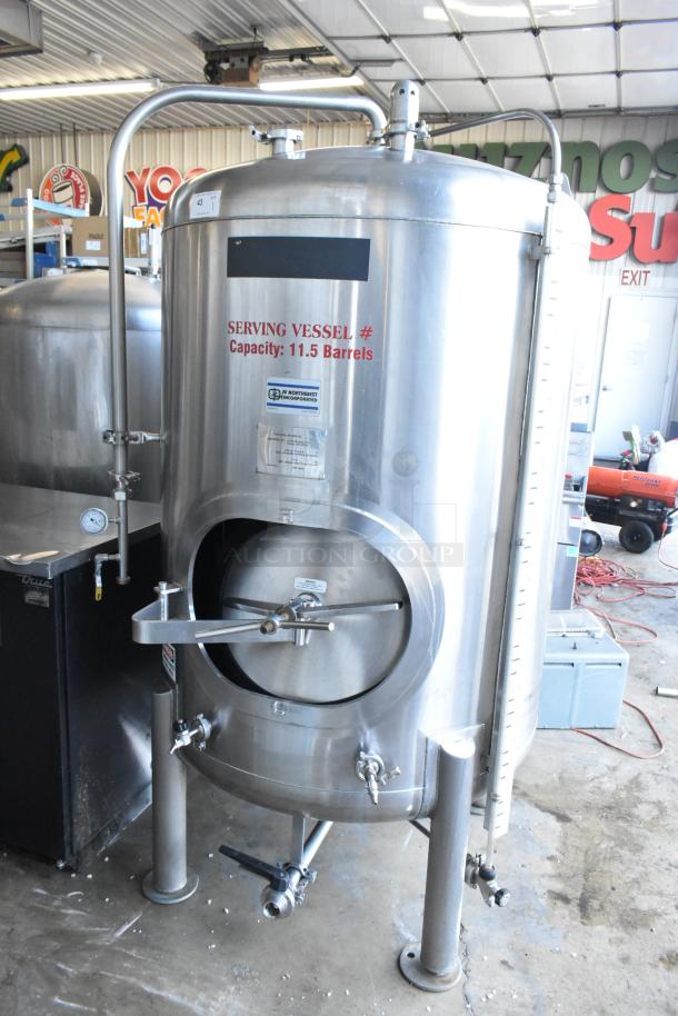 JV Northwest stainless steel 10 BBL brewing tank, used, with 420-gallon capacity. Features include serving vessel label and capacity markings.