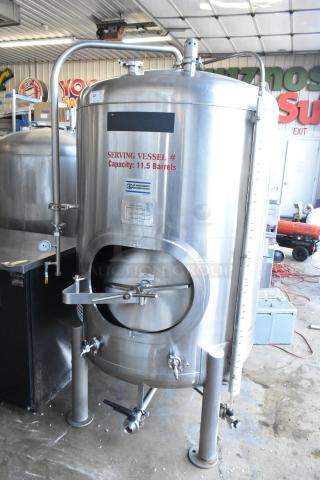 JV Northwest stainless steel 10 BBL brewing tank, used, with 420-gallon capacity. Features include serving vessel label and capacity markings.