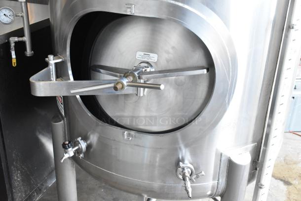 JV Northwest stainless steel fermenting tank, 10 BBL/420 gallon, floor style. Features valves and manway. Good condition.