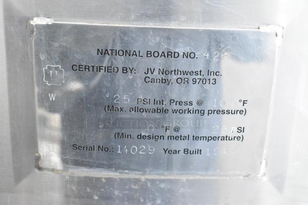 JV Northwest 10 BBL stainless steel beer brewing tank, 420-gallon capacity. Certified label details max pressure 25 PSI, built 1987.