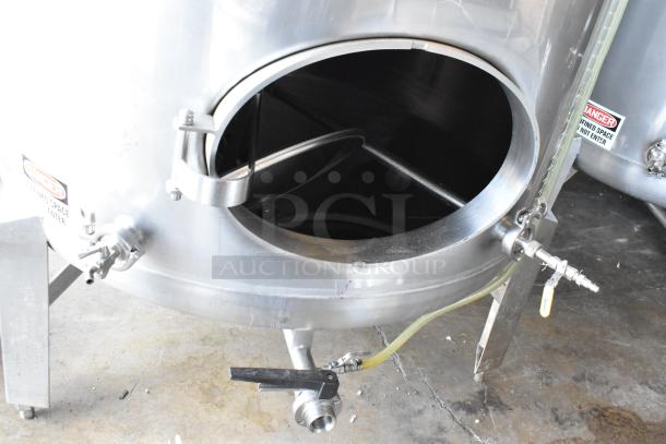 Stainless steel 8.75 BBL clear beer tank, model SV-2, with fittings and "Danger" label visible. In excellent condition.