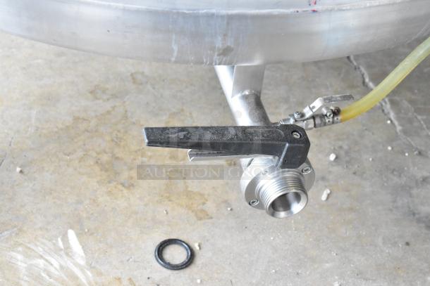 Stainless steel commercial floor-style beer tank SV-2, featuring a spout and hose connection. 8.75 BBL capacity.