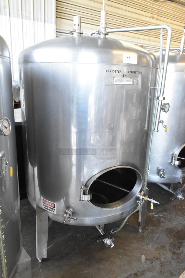 Stainless steel 8.75 BBL beer tank SV-2, commercial floor style, 367 gallons, labeled "Tax Determination Tank."