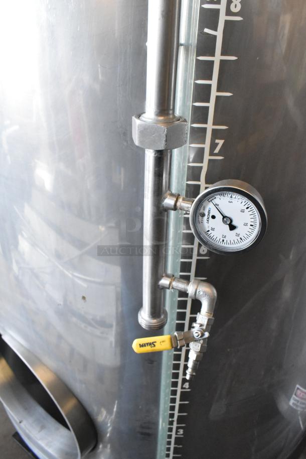 Stainless steel beer tank, model SV-2, 8.75 BBL/367 gallons. Features pressure gauge, sight glass, and Sharp valve.