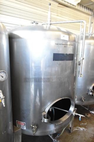 Stainless steel 8.75 BBL beer tax determination tank, model SV-2. Features pressure gauge, no entry warning, good condition.