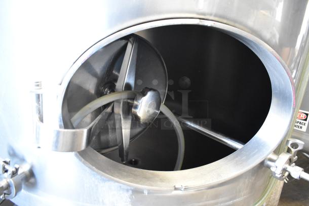Stainless steel commercial 8.75 BBL/367-gallon clear beer tank, model SV-2. Features sturdy build and clear tubing.