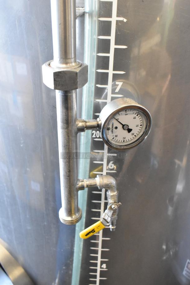 Stainless Steel 8.75 BBL / 367 Gallon Beer Tax Determination Tank, Model SV-2, features gauge and volume markings.
