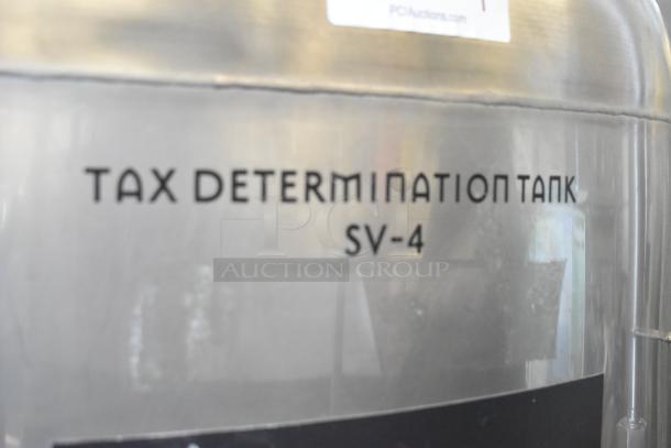 Stainless steel commercial beer tax determination tank, model SV-4, with label. Capacity: 8.75 BBL / 367 gallons.