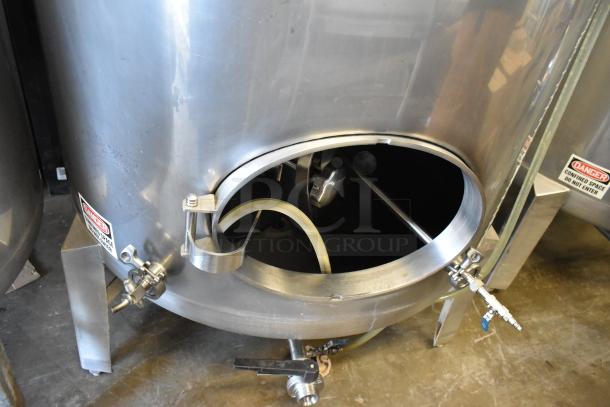 Stainless steel 8.75 BBL beer tax determination tank, model SV-2, 367-gallon capacity, visible valve attachments, warning labels.